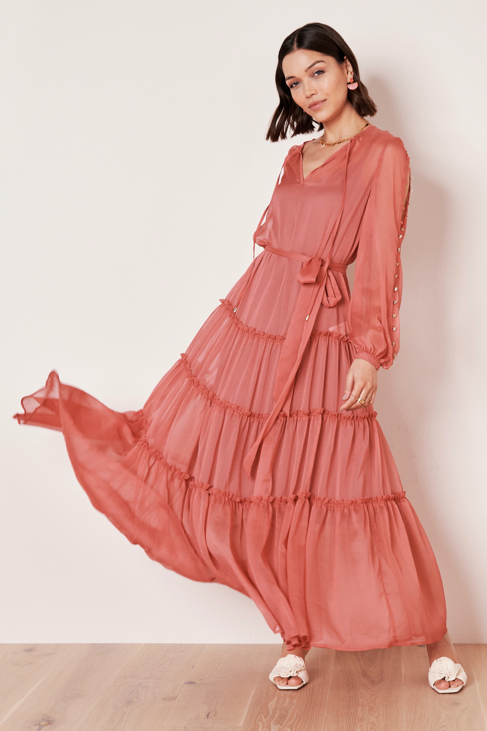 【CLANE美品】CRUMPLY BARE DRESS CLAIRE LUISE® Semi-transparent maxi dress in rose