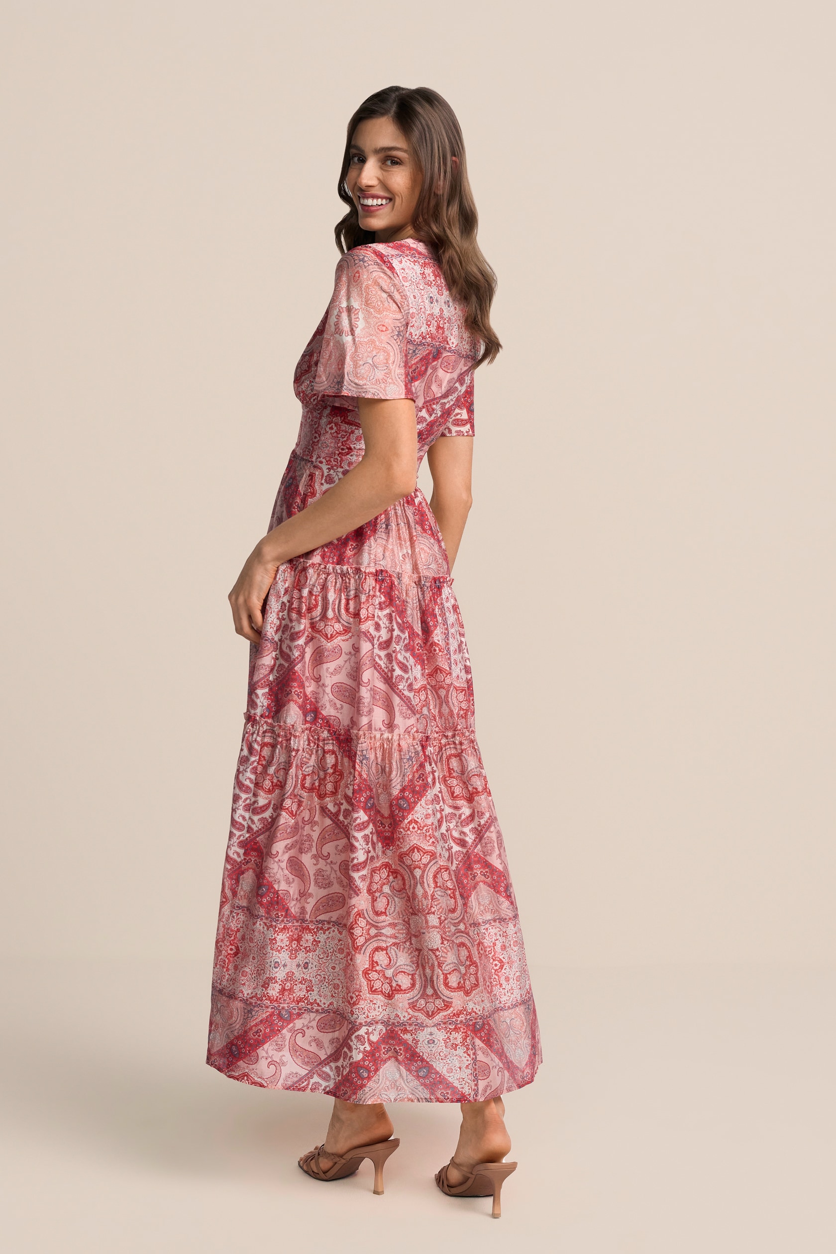 ◆Loulouseoul◆ Paisley Flower Mix Dress Beige Paisley Border Print Cowl Maxi Slip Dress | boohoo