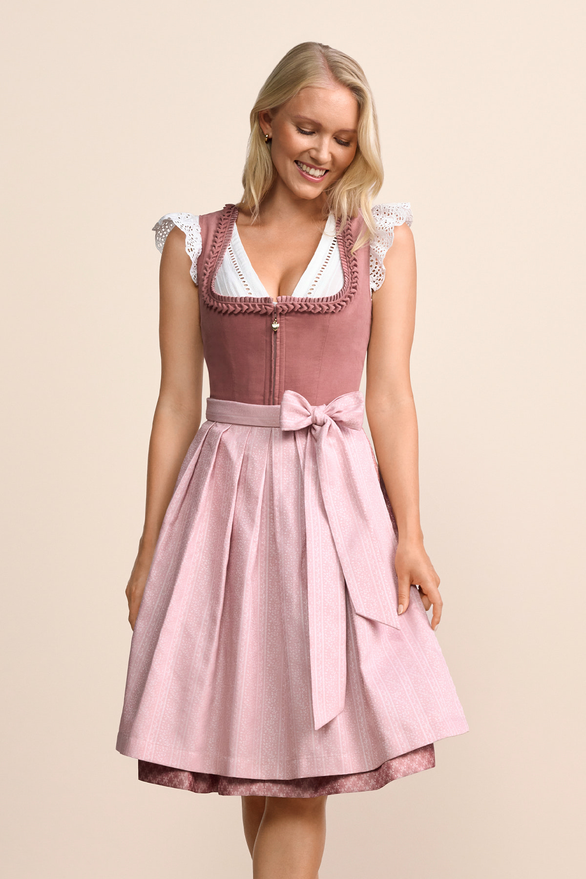 KRÜGER MADL Mini Dirndl Rose Evi - 50er Rocklänge Damen Tracht Mit Cord Oberteil