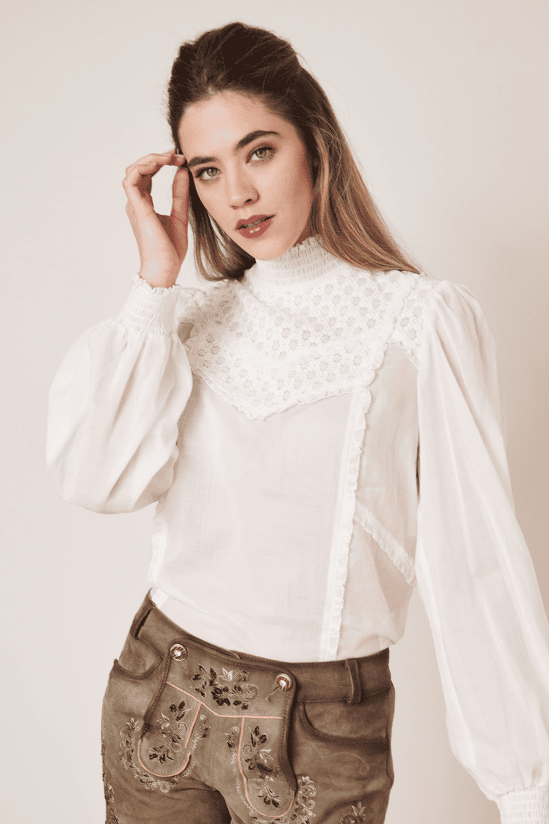 Trachtenbluse Damen Für Oktoberfest - Baumwoll Bluse Mit Puffärmeln In Großen Größen